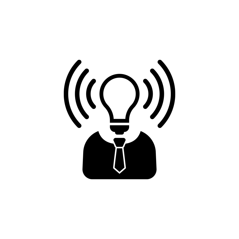 A lightbulb head on a figure with signal bars projecting outwards, representing brand awareness