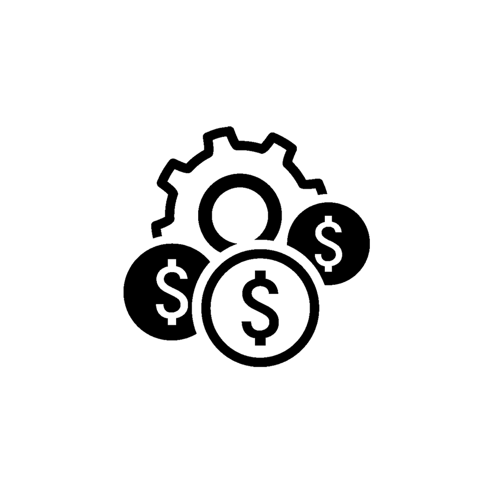 A gear icon overlapped by dollar signs, representing cost management