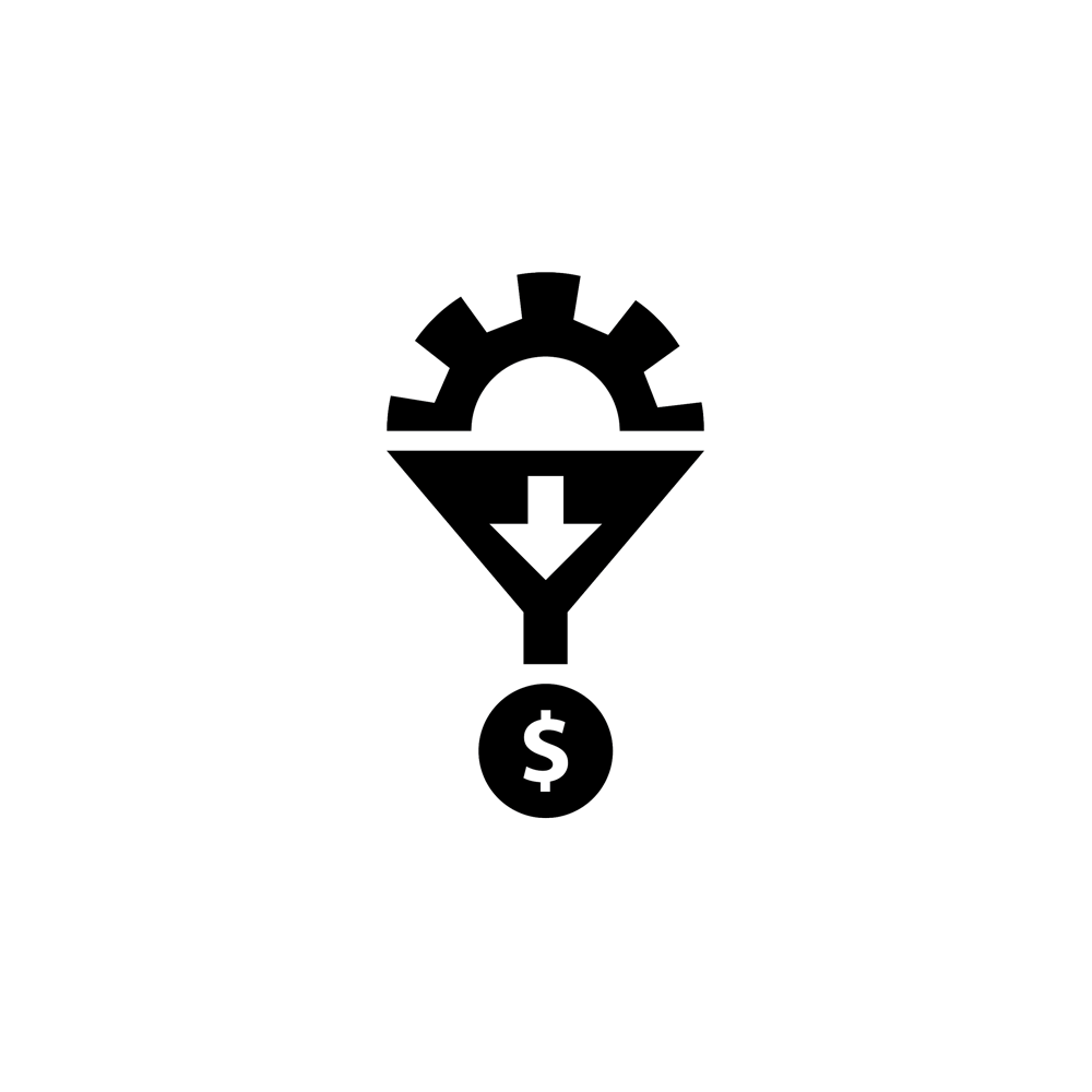An icon with a gear and arrow leading into a dollar sign, representing lead generation